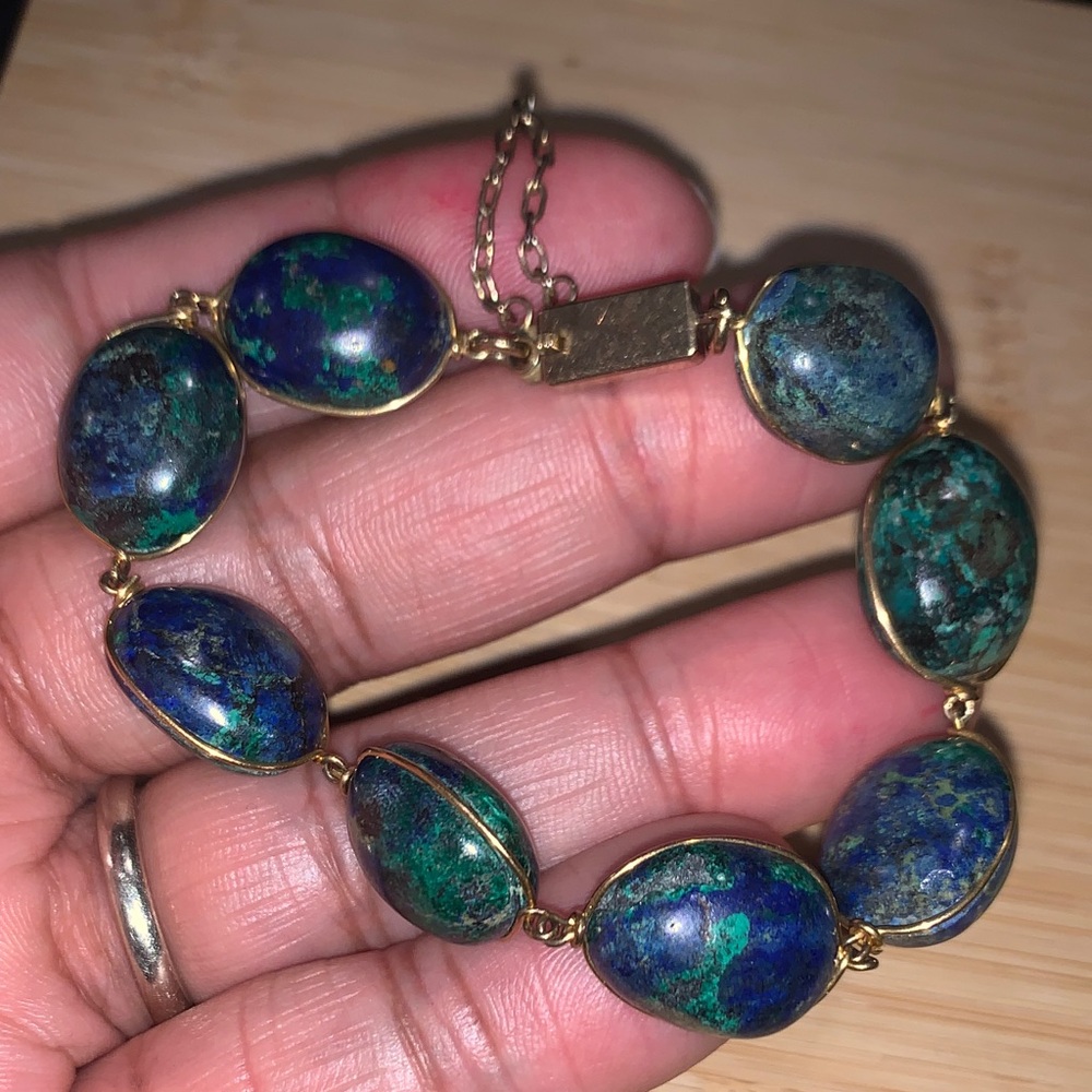 Vintage 14k Gold Azurmalachite Stone Link Bracelet